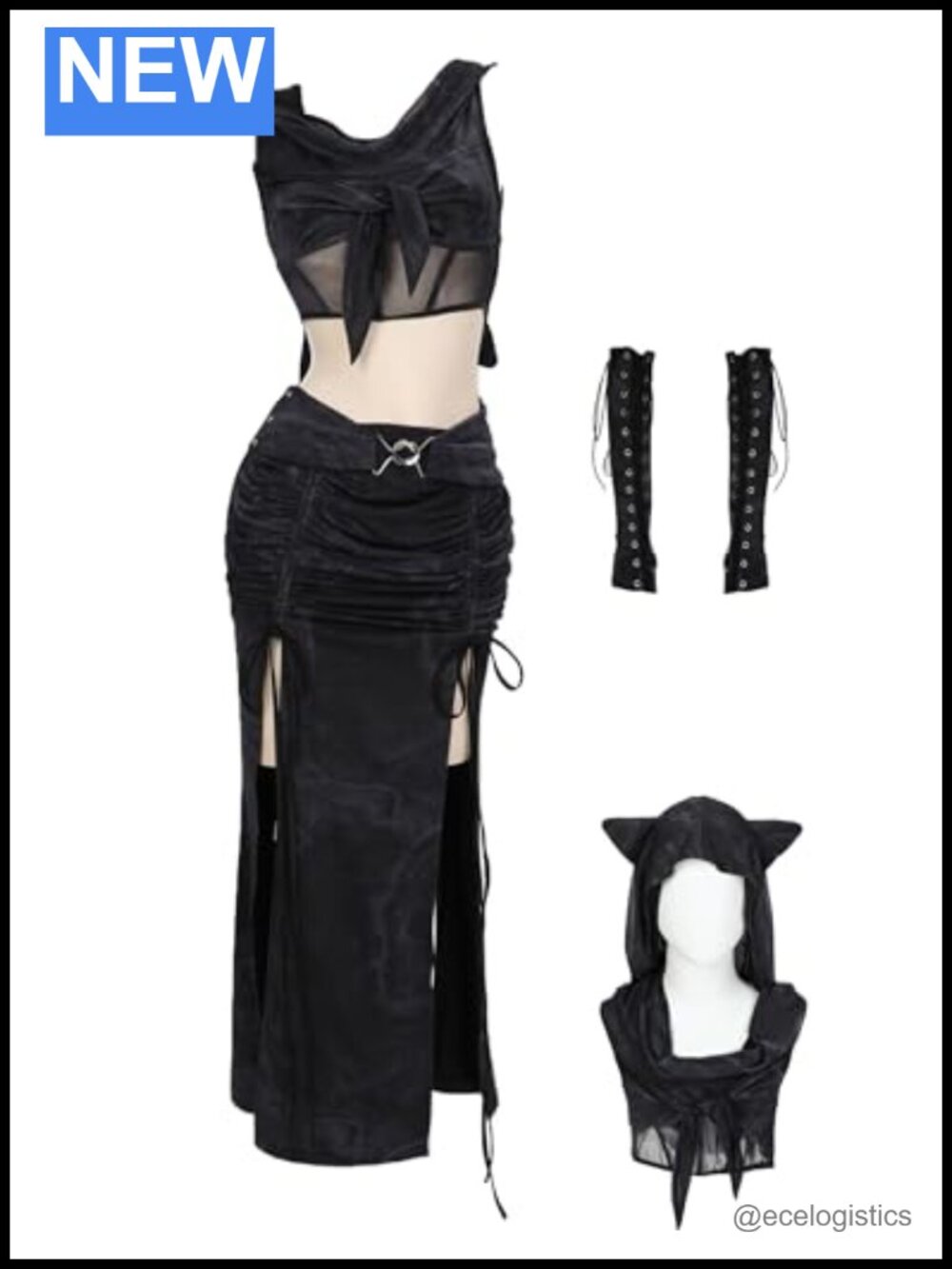 Womens 2 Piece Skirt Set Gothic Crop Top Long Bodycon Club Outfit Sleeves